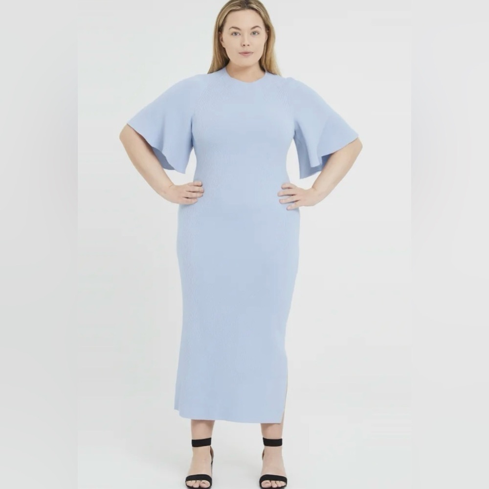 NWOT TED BAKER LOUNIA Fluted Sleeve Knitted Bodycon Midi Blue Dress sz 14